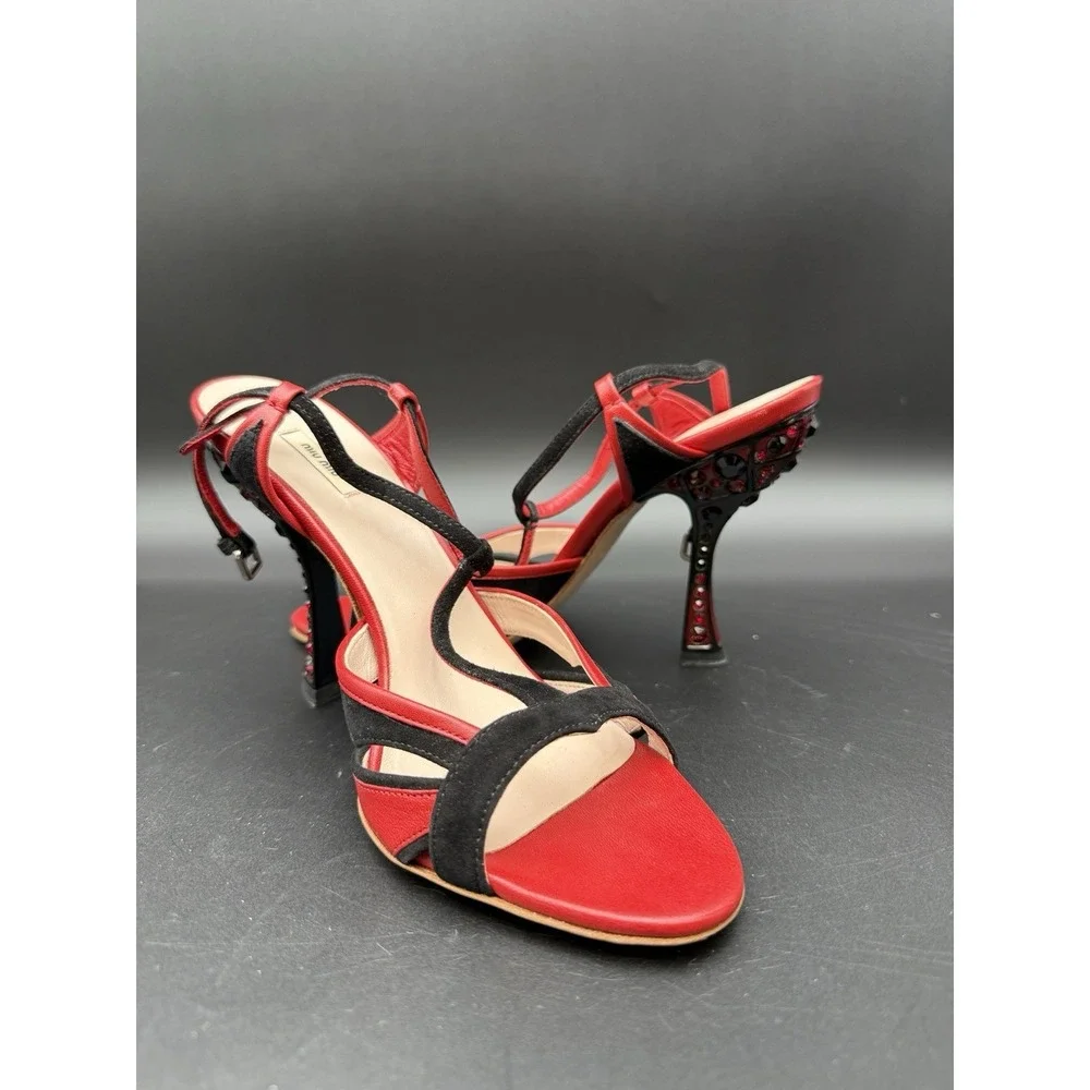 Miu Miu Liberty Rosso Crystal  embelished jeweled heel‎ red pumps sz 36 1/2